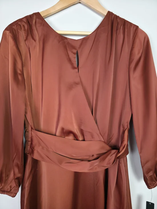 Maggy London Rust Satin Wrap Dress Size 10 Elegant Tie Waist Midi Long Sleeve - Picture 6 of 10